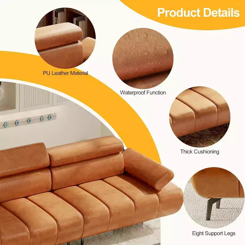 Canapé-lit futon 3 places en similicuir, convertible avec dossiers, accoudoirs et appuie-têtes réglables, avec deux sections distinctes.