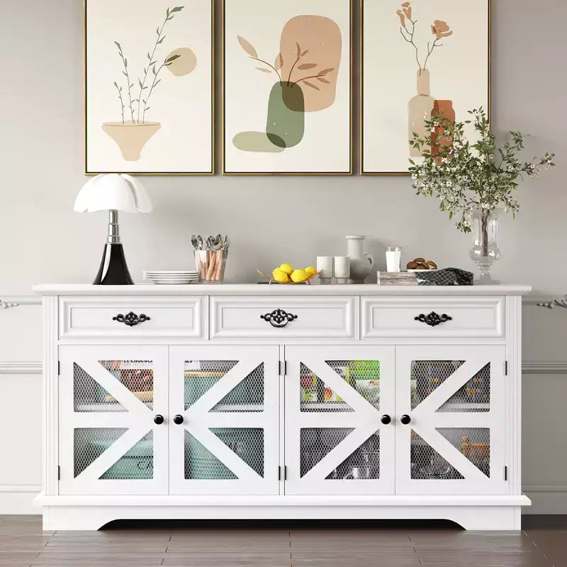 Meuble de bar à café 63" avec 4 portes de grange grillagées et 3 tiroirs, station de charge intégrée et 4 étagères réglables, armoire de rangement pour salon