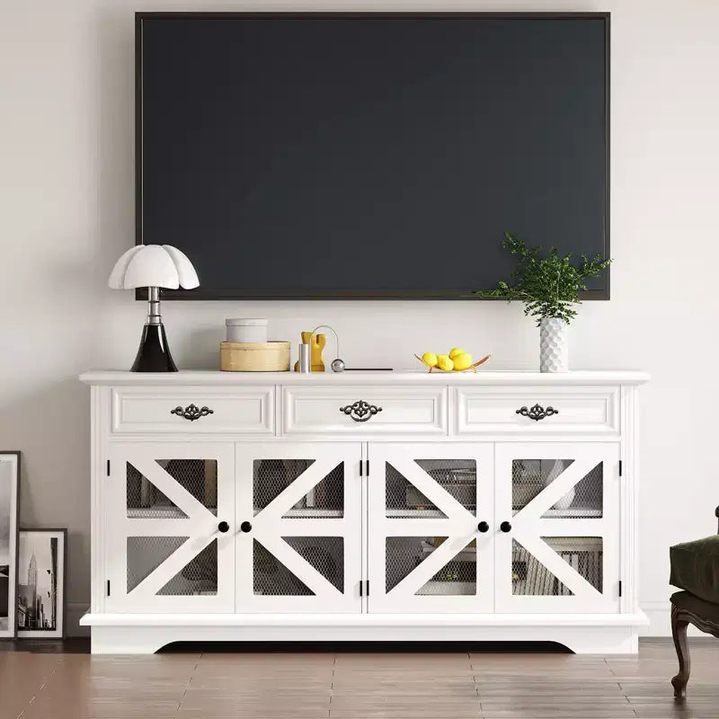 Meuble de bar à café 63" avec 4 portes de grange grillagées et 3 tiroirs, station de charge intégrée et 4 étagères réglables, armoire de rangement pour salon