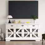 Meuble de bar à café 63" avec 4 portes de grange grillagées et 3 tiroirs, station de charge intégrée et 4 étagères réglables, armoire de rangement pour salon