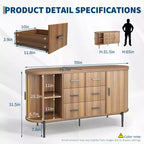 Buffet bas de ferme cannelé de 150 cm, meuble TV avec 6 tiroirs et 2 portes coulissantes, meuble de rangement polyvalent pour salon