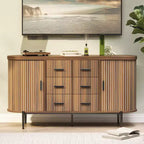 Buffet bas de ferme cannelé de 150 cm, meuble TV avec 6 tiroirs et 2 portes coulissantes, meuble de rangement polyvalent pour salon