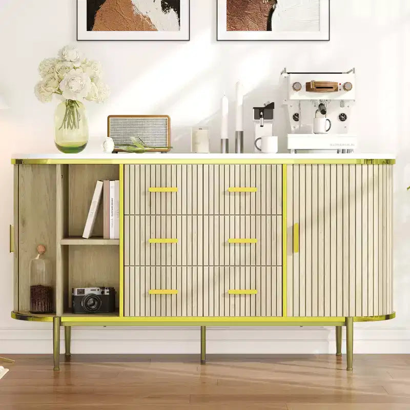 Buffet bas de ferme cannelé de 150 cm, meuble TV avec 6 tiroirs et 2 portes coulissantes, meuble de rangement polyvalent pour salon