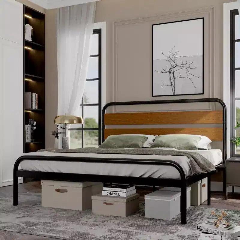 King Platform Bed Frame with Wood Headboard, Sandalwood Brown, Heavy Duty Metal Slats, Underbed Storage, Noise Free, No Box Spring Needed
