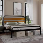 Cadre de lit King avec tête de lit en bois, brun bois de santal, lattes métalliques robustes, rangement sous le lit, silencieux, sommier tapissier non requis