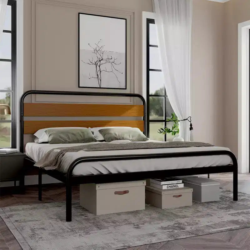 Cadre de lit King avec tête de lit en bois, brun bois de santal, lattes métalliques robustes, rangement sous le lit, silencieux, sommier tapissier non requis