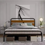 Cadre de lit King avec tête de lit en bois, brun bois de santal, lattes métalliques robustes, rangement sous le lit, silencieux, sommier tapissier non requis