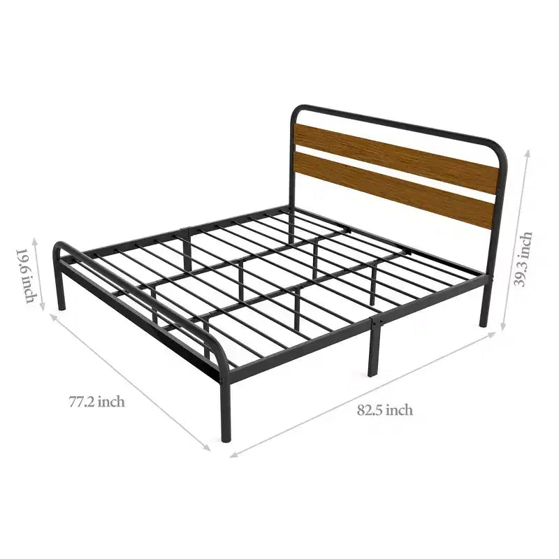 Cadre de lit King avec tête de lit en bois, brun bois de santal, lattes métalliques robustes, rangement sous le lit, silencieux, sommier tapissier non requis