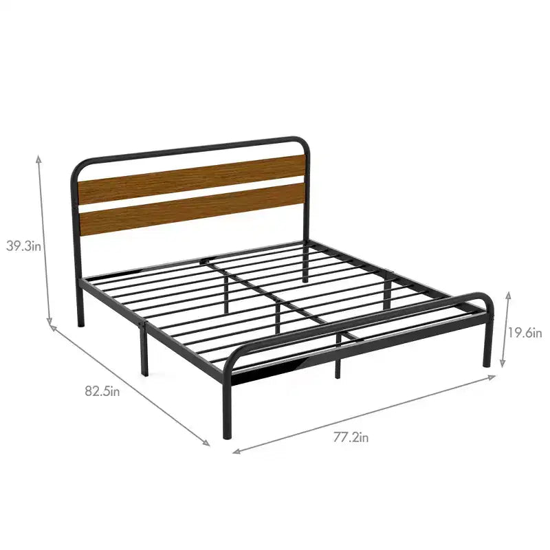 Cadre de lit King avec tête de lit en bois, brun bois de santal, lattes métalliques robustes, rangement sous le lit, silencieux, sommier tapissier non requis