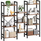 Qwatto Brown Triple 4 Tier Bookshelf 11 Open Display Shelves Wood Metal Storage Organizer Industrial Wide Shelving Unit Home Office Etagere Bookcase