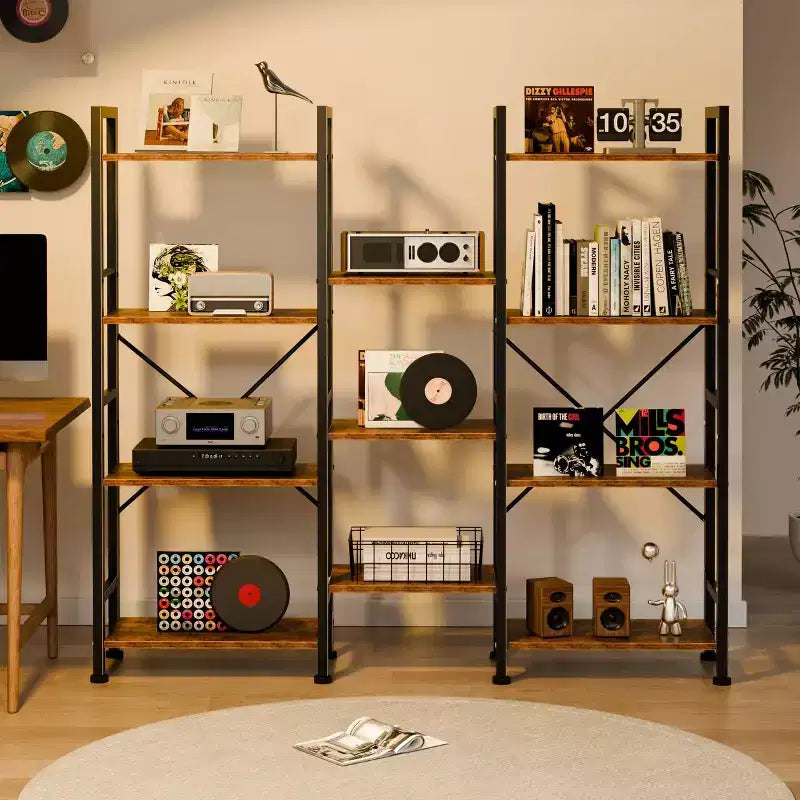Étagère Qwatto Brown triple 4 niveaux, 11 étagères ouvertes, meuble de rangement en bois et métal, unité de rayonnage industrielle large, étagère bibliothèque pour la maison et le bureau