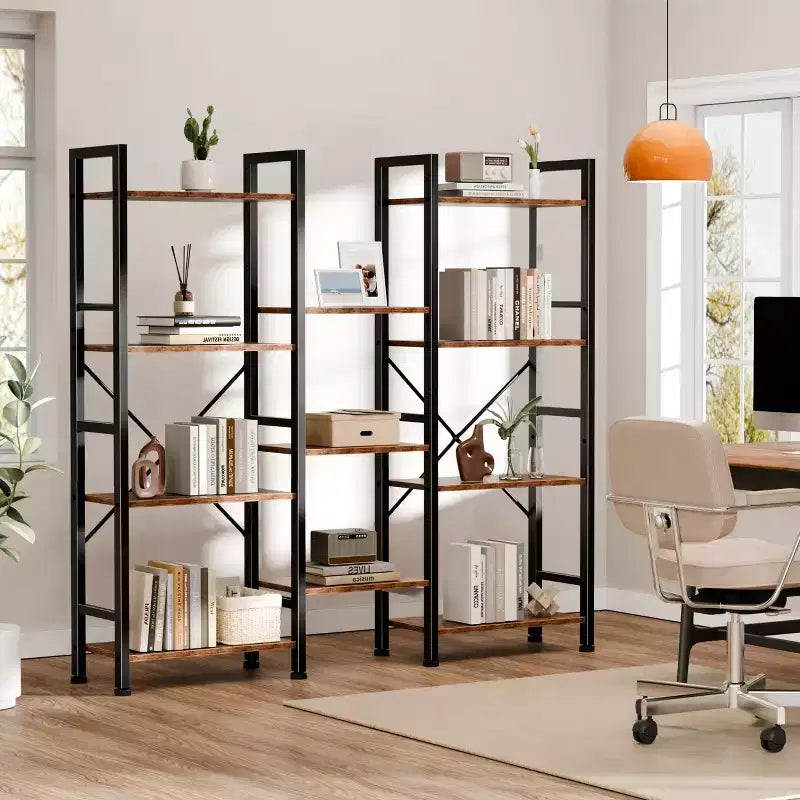 Étagère Qwatto Brown triple 4 niveaux, 11 étagères ouvertes, meuble de rangement en bois et métal, unité de rayonnage industrielle large, étagère bibliothèque pour la maison et le bureau