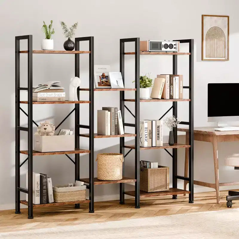 Étagère Qwatto Brown triple 4 niveaux, 11 étagères ouvertes, meuble de rangement en bois et métal, unité de rayonnage industrielle large, étagère bibliothèque pour la maison et le bureau