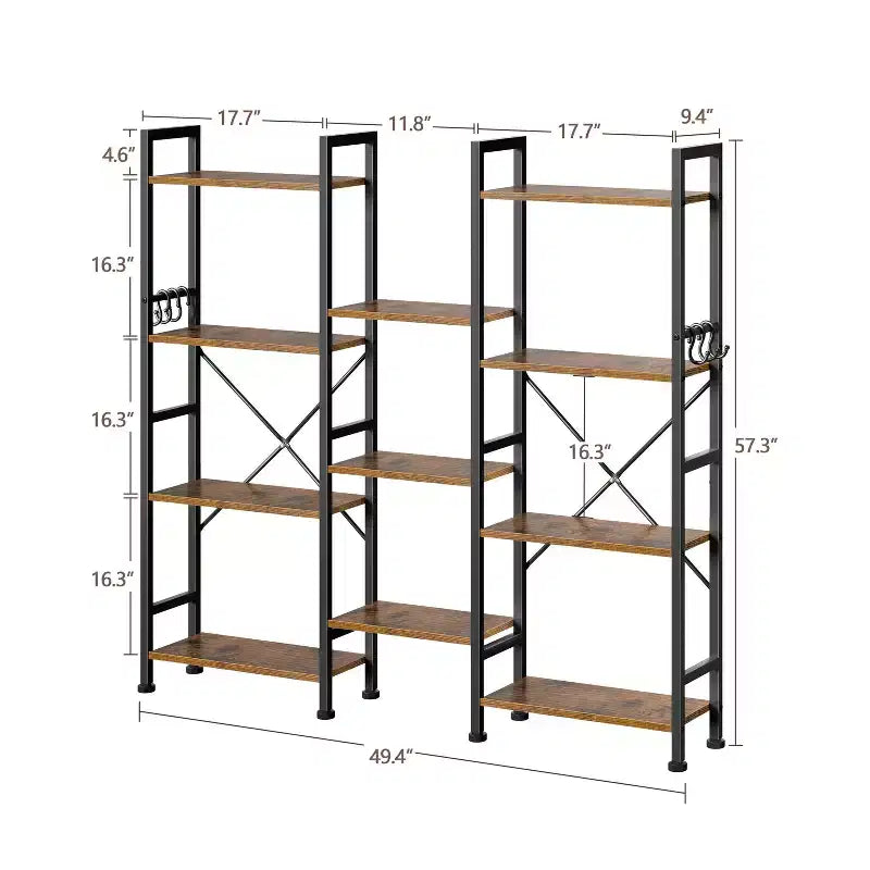 Étagère Qwatto Brown triple 4 niveaux, 11 étagères ouvertes, meuble de rangement en bois et métal, unité de rayonnage industrielle large, étagère bibliothèque pour la maison et le bureau