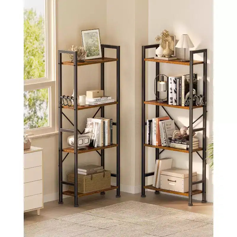 Étagère Qwatto Brown triple 4 niveaux, 11 étagères ouvertes, meuble de rangement en bois et métal, unité de rayonnage industrielle large, étagère bibliothèque pour la maison et le bureau