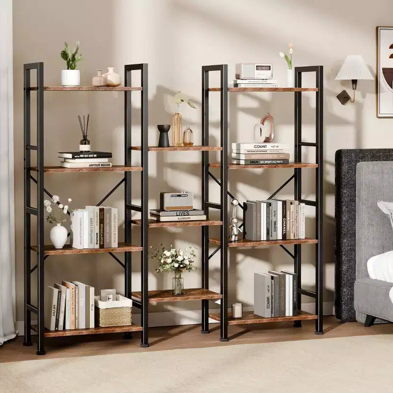 Étagère Qwatto Brown triple 4 niveaux, 11 étagères ouvertes, meuble de rangement en bois et métal, unité de rayonnage industrielle large, étagère bibliothèque pour la maison et le bureau