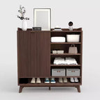 Acekool Meuble à chaussures étroit en bois cannelé avec porte coulissante et 2 tiroirs abattants, meuble de rangement fin pour entrée et placard