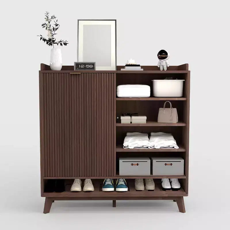 Acekool Meuble à chaussures étroit en bois cannelé avec porte coulissante et 2 tiroirs abattants, meuble de rangement fin pour entrée et placard
