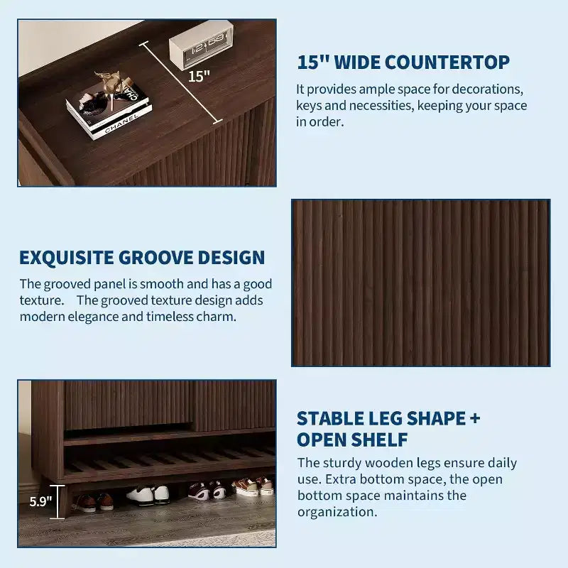 Acekool Meuble à chaussures étroit en bois cannelé avec porte coulissante et 2 tiroirs abattants, meuble de rangement fin pour entrée et placard