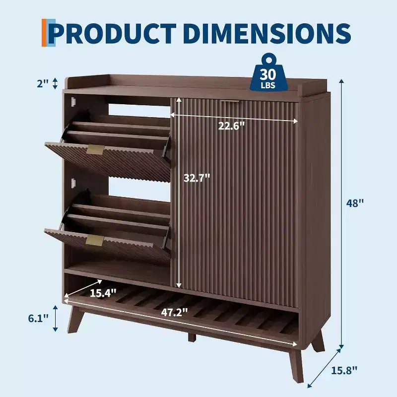 Acekool Meuble à chaussures étroit en bois cannelé avec porte coulissante et 2 tiroirs abattants, meuble de rangement fin pour entrée et placard