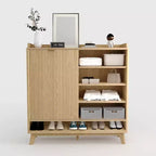 Acekool Meuble à chaussures étroit en bois cannelé avec porte coulissante et 2 tiroirs abattants, meuble de rangement fin pour entrée et placard