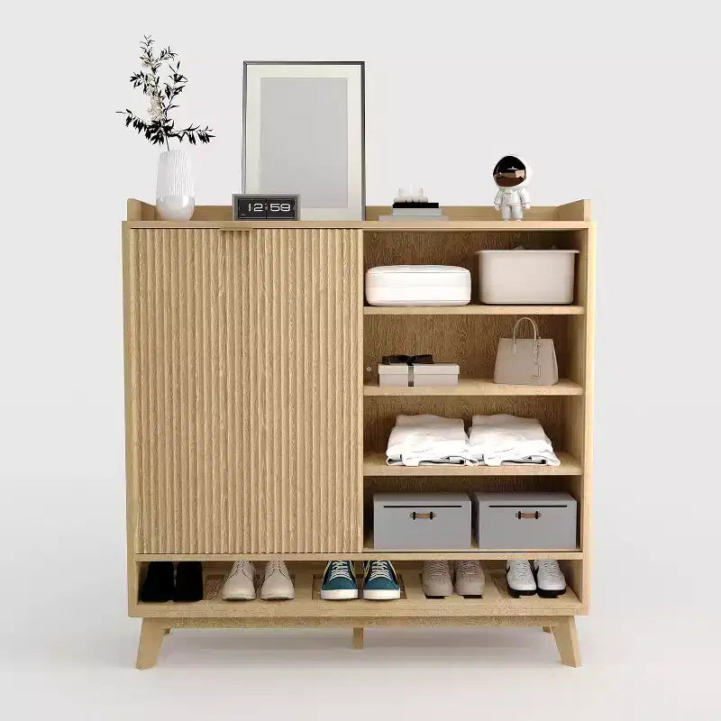 Acekool Meuble à chaussures étroit en bois cannelé avec porte coulissante et 2 tiroirs abattants, meuble de rangement fin pour entrée et placard