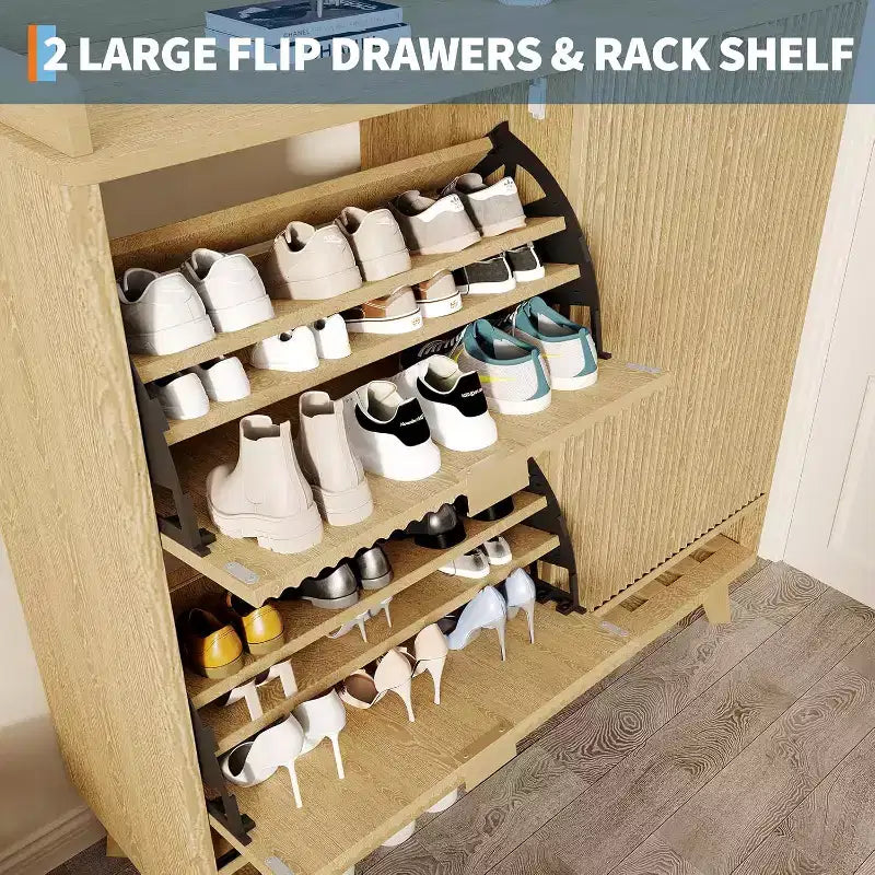 Acekool Meuble à chaussures étroit en bois cannelé avec porte coulissante et 2 tiroirs abattants, meuble de rangement fin pour entrée et placard