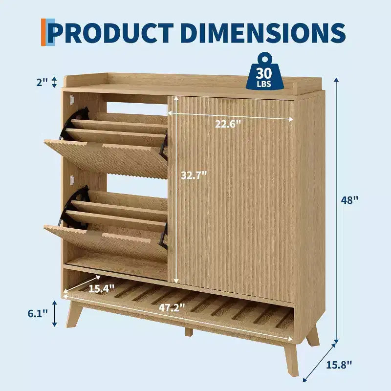 Acekool Meuble à chaussures étroit en bois cannelé avec porte coulissante et 2 tiroirs abattants, meuble de rangement fin pour entrée et placard