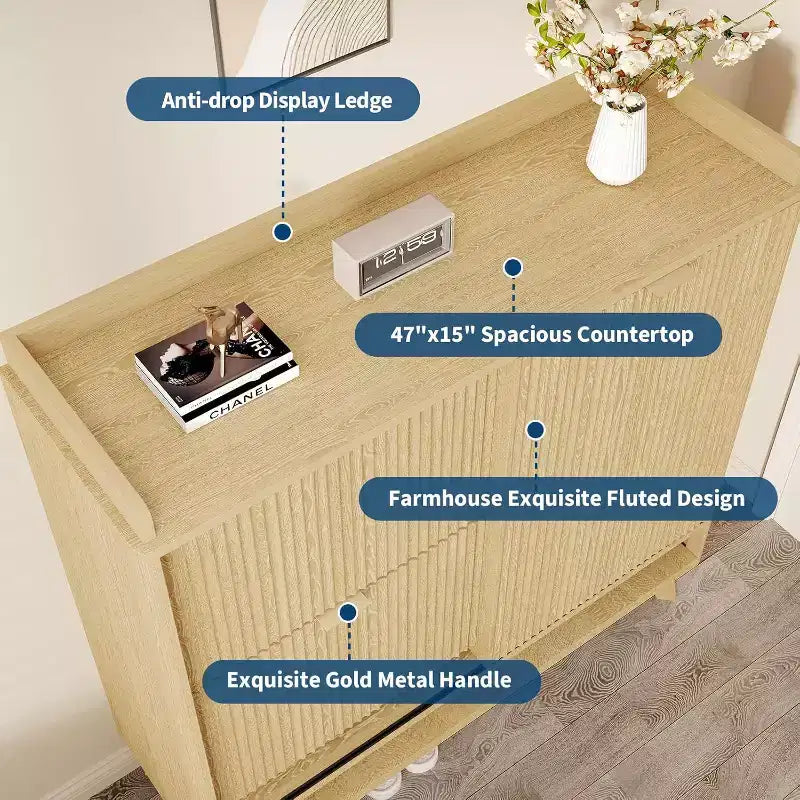 Acekool Meuble à chaussures étroit en bois cannelé avec porte coulissante et 2 tiroirs abattants, meuble de rangement fin pour entrée et placard
