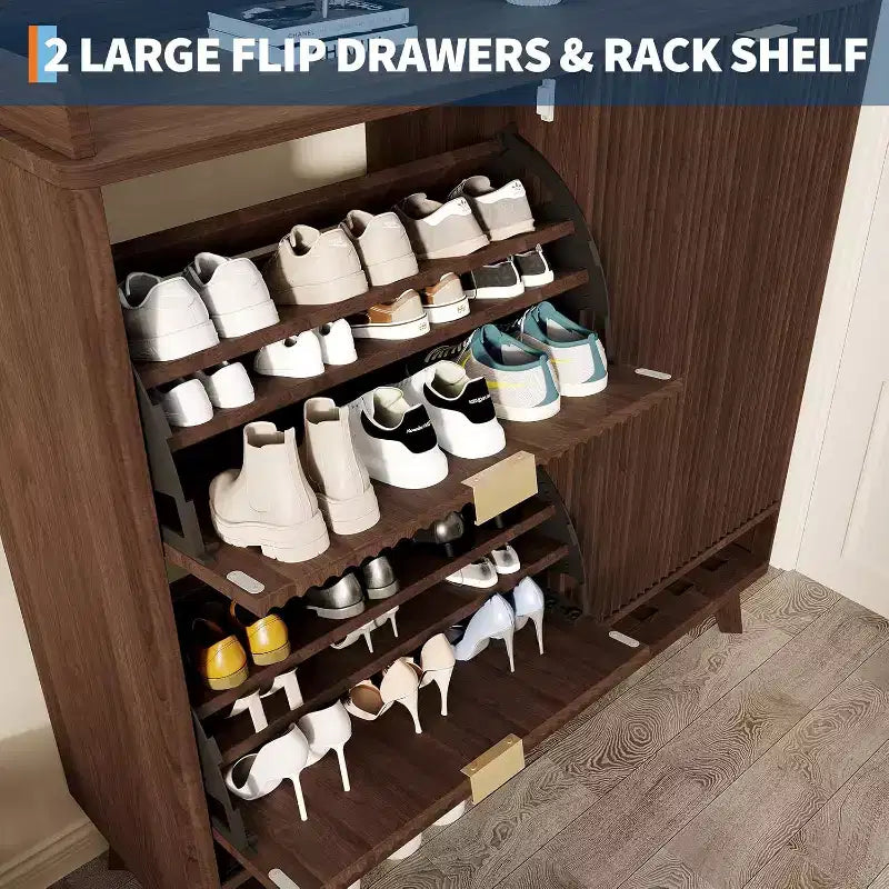 Acekool Meuble à chaussures étroit en bois cannelé avec porte coulissante et 2 tiroirs abattants, meuble de rangement fin pour entrée et placard
