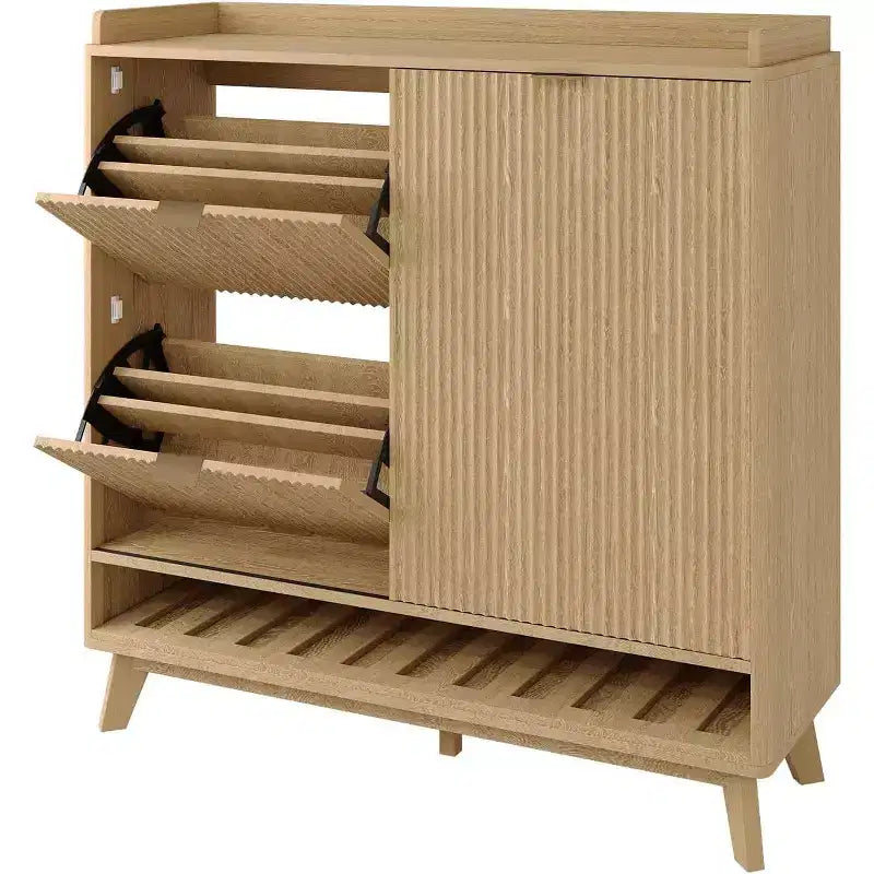 Acekool Fluted Narrow Wooden Shoe Cabinet with Sliding Door & 2 Flip Drawers Slim Entryway Storage for Hallway & Closet