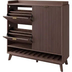 Acekool Meuble à chaussures étroit en bois cannelé avec porte coulissante et 2 tiroirs abattants, meuble de rangement fin pour entrée et placard