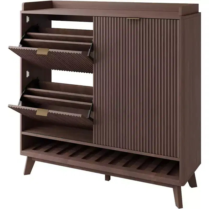 Acekool Meuble à chaussures étroit en bois cannelé avec porte coulissante et 2 tiroirs abattants, meuble de rangement fin pour entrée et placard