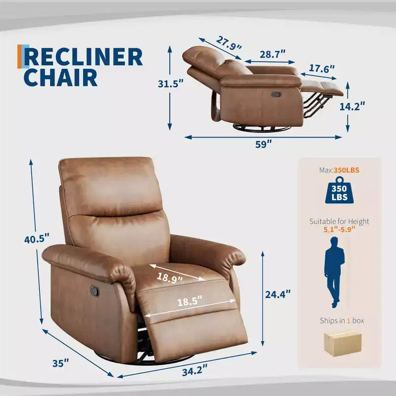 Fauteuil inclinable, pivotant et berçant à 360°, en cuir PU, avec siège et accoudoirs rembourrés pour le salon, la chambre et la chambre de bébé
