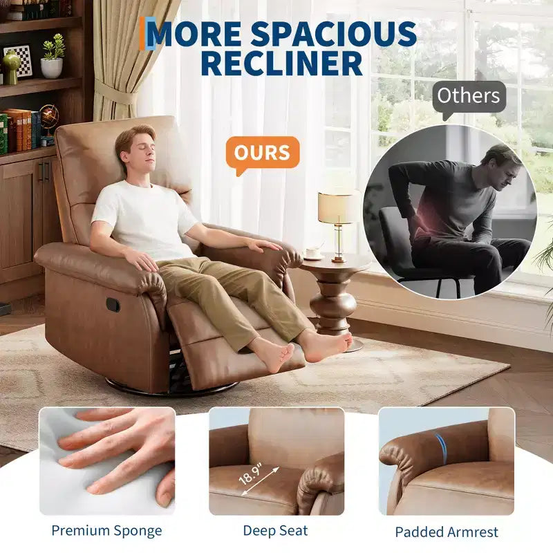 Fauteuil inclinable, pivotant et berçant à 360°, en cuir PU, avec siège et accoudoirs rembourrés pour le salon, la chambre et la chambre de bébé