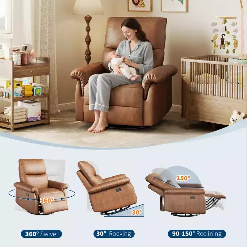 Fauteuil inclinable, pivotant et berçant à 360°, en cuir PU, avec siège et accoudoirs rembourrés pour le salon, la chambre et la chambre de bébé