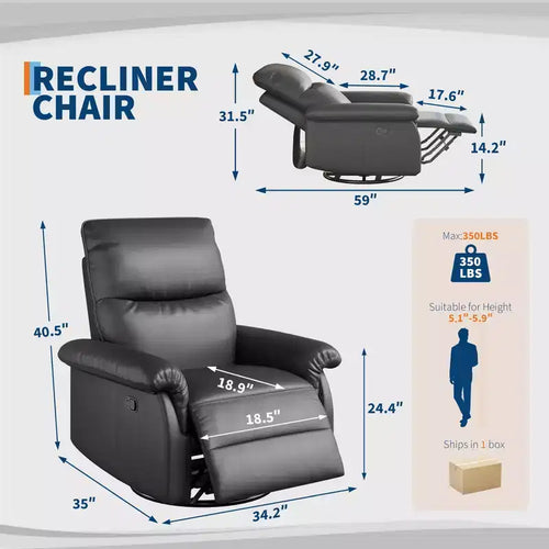 Fauteuil inclinable, pivotant et berçant à 360°, en cuir PU, avec siège et accoudoirs rembourrés pour le salon, la chambre et la chambre de bébé