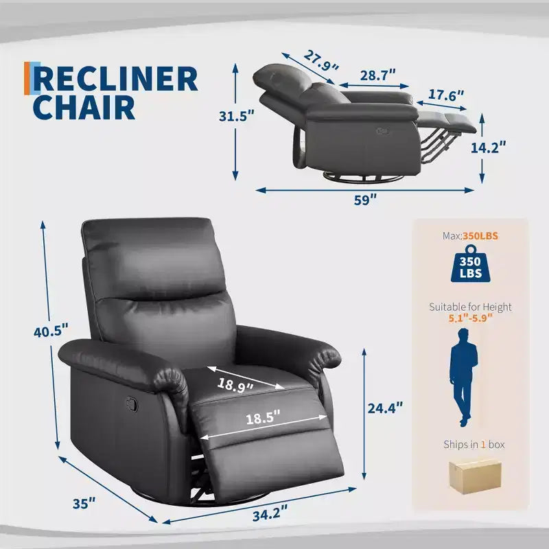 Fauteuil inclinable, pivotant et berçant à 360°, en cuir PU, avec siège et accoudoirs rembourrés pour le salon, la chambre et la chambre de bébé