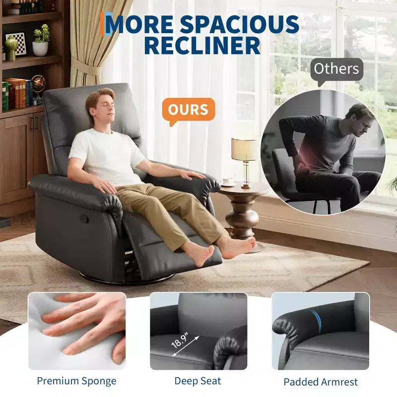 Fauteuil inclinable, pivotant et berçant à 360°, en cuir PU, avec siège et accoudoirs rembourrés pour le salon, la chambre et la chambre de bébé