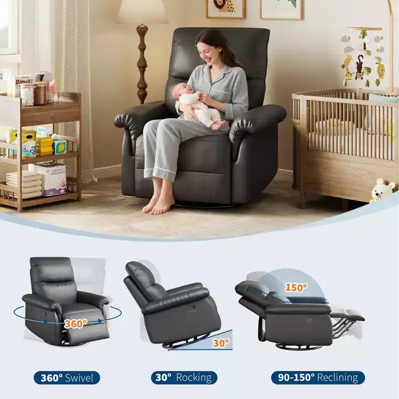 Fauteuil inclinable, pivotant et berçant à 360°, en cuir PU, avec siège et accoudoirs rembourrés pour le salon, la chambre et la chambre de bébé