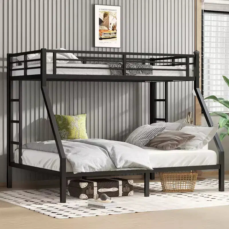 Metal Bunk Bed Twin XL over Queen with Guardrail for Kids and Teens