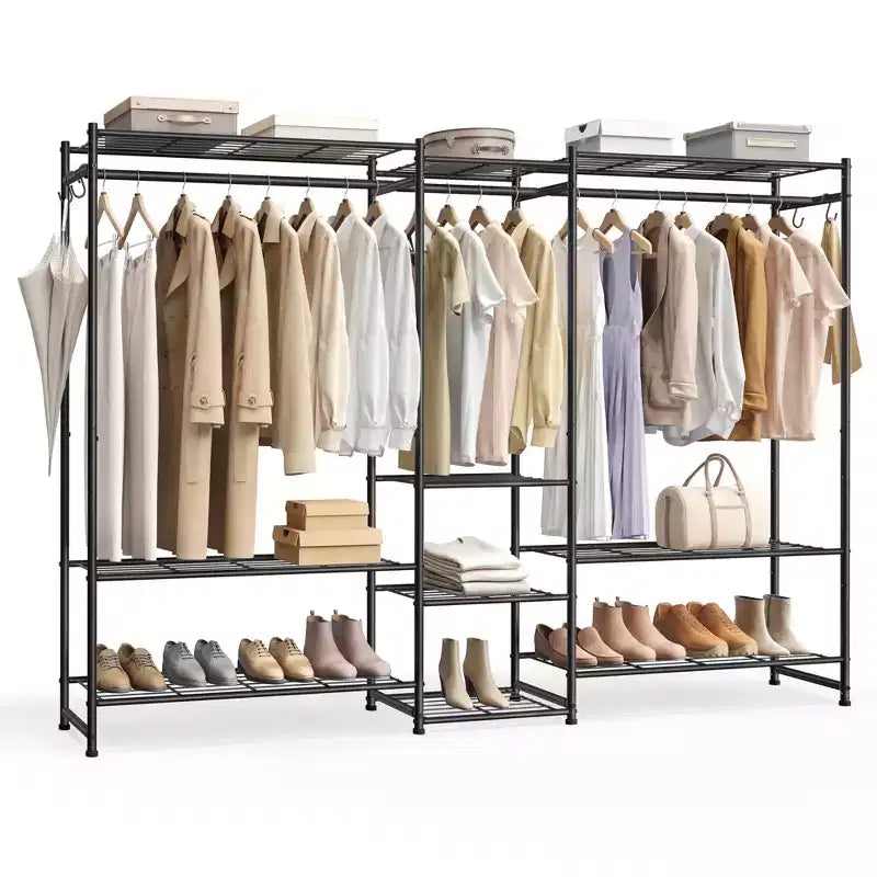 SONGMICS Portable Closet Wardrobe, Heavy-Duty Clothes Rack, Freestanding Clothing Rack with 10 Shelves, 3 Hanging Rods, 4 SHooks, Metal Frame, Black
