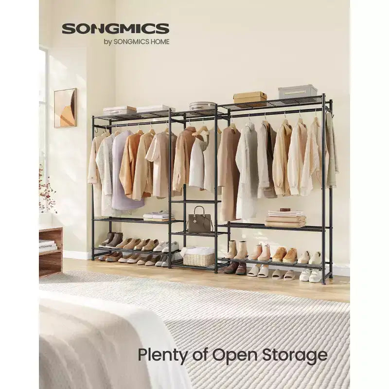SONGMICS Armoire de Rangement Portable, Penderie Robuste, Portant Autoportant avec 10 Étagères, 3 Tiges de Suspension, 4 Crochets en S, Cadre en Métal, Noir