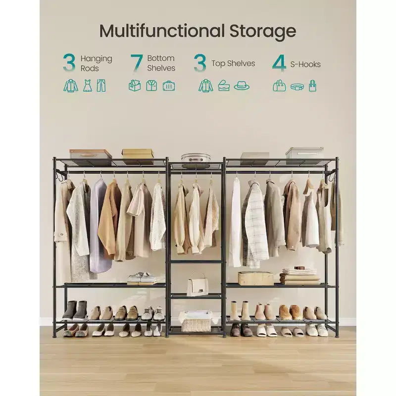 SONGMICS Armoire de Rangement Portable, Penderie Robuste, Portant Autoportant avec 10 Étagères, 3 Tiges de Suspension, 4 Crochets en S, Cadre en Métal, Noir