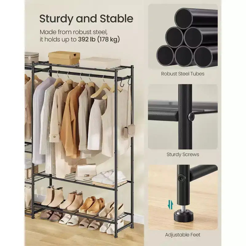 SONGMICS Armoire de Rangement Portable, Penderie Robuste, Portant Autoportant avec 10 Étagères, 3 Tiges de Suspension, 4 Crochets en S, Cadre en Métal, Noir