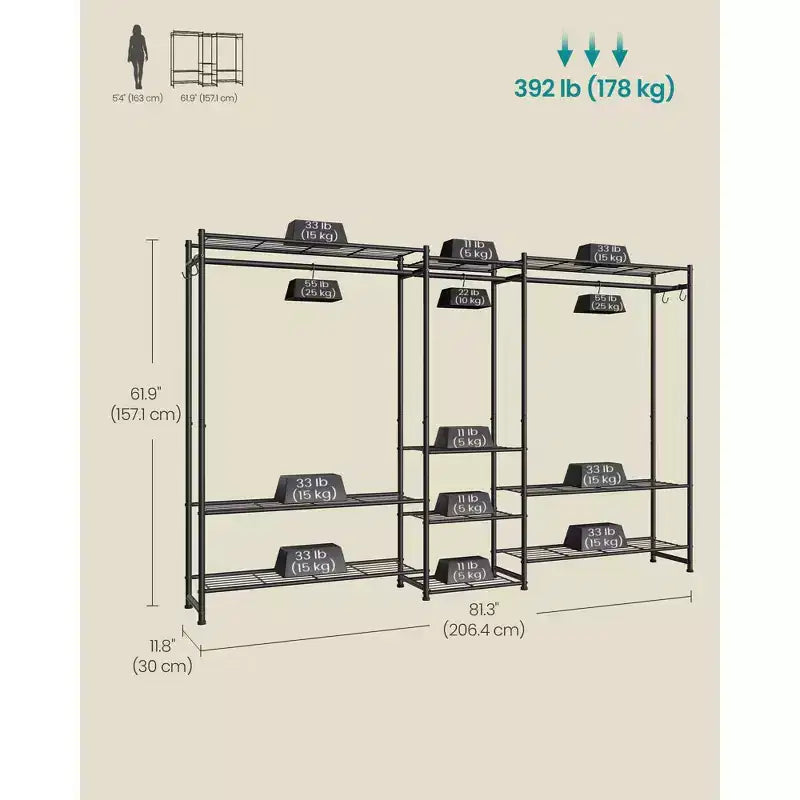 SONGMICS Armoire de Rangement Portable, Penderie Robuste, Portant Autoportant avec 10 Étagères, 3 Tiges de Suspension, 4 Crochets en S, Cadre en Métal, Noir