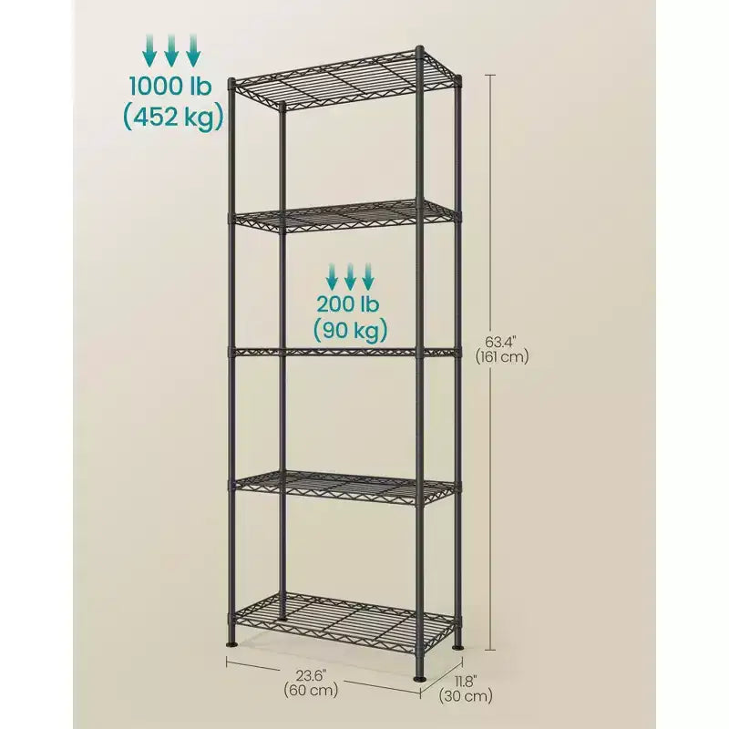 Étagère de rangement SONGMICS, meuble de rangement en fil métallique, étagères réglables, 5 niveaux, 30 x 60 x 161 cm, noir encre
