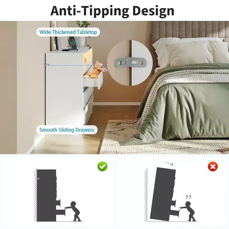 Commode moderne à 6 tiroirs avec station de charge, lumières LED et prise de courant, organisateur de commode pour chambre à coucher, salon, entrée