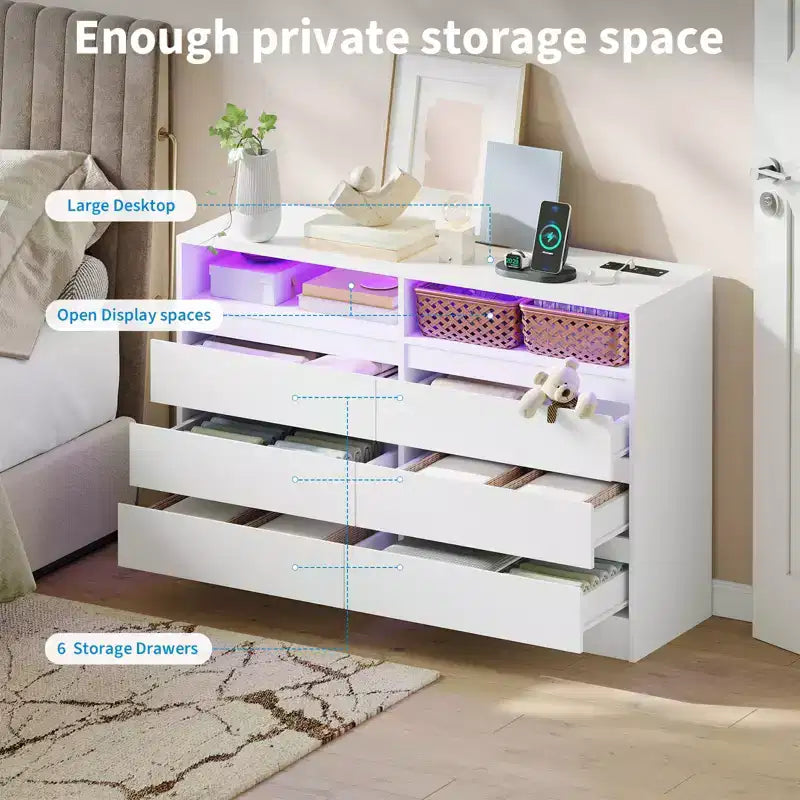 Commode moderne à 6 tiroirs avec station de charge, lumières LED et prise de courant, organisateur de commode pour chambre à coucher, salon, entrée
