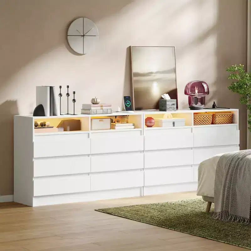 Commode moderne à 6 tiroirs avec station de charge, lumières LED et prise de courant, organisateur de commode pour chambre à coucher, salon, entrée
